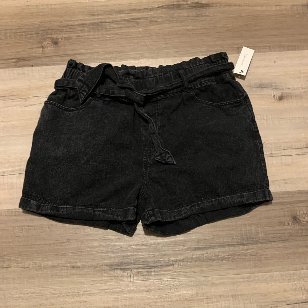 Womens belted black denim shorts